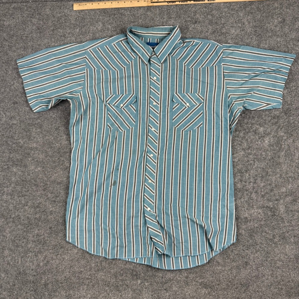 Wrangler Western Shirt Mens Size XL Blue Striped Pearl Snap Short Sleeve Casual